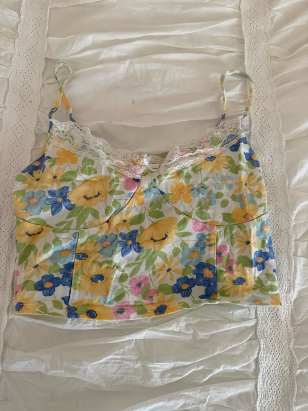 PacSun Floral Lace-Trim Yellow Blue Crop Cami
